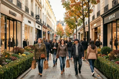 Vue panoramique d'un village commercial de marques en Île-de-France avec des clients faisant leurs achats dans des boutiques d'usine