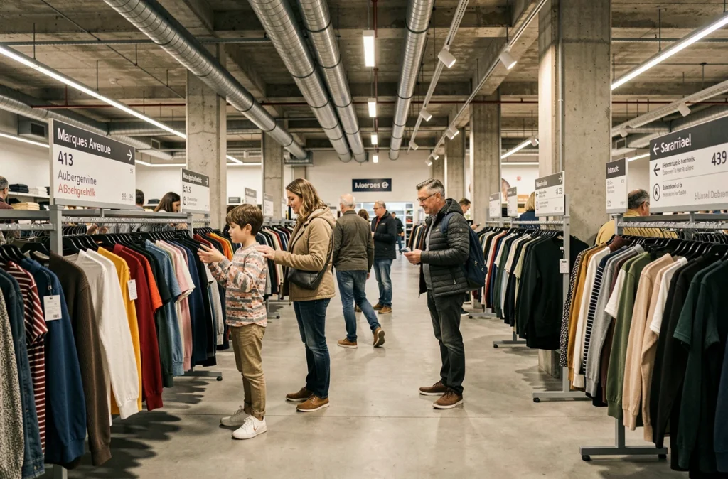 Famille faisant du shopping dans le centre de marques Marques Avenue A13 près d'Aubergenville sur l'autoroute A13