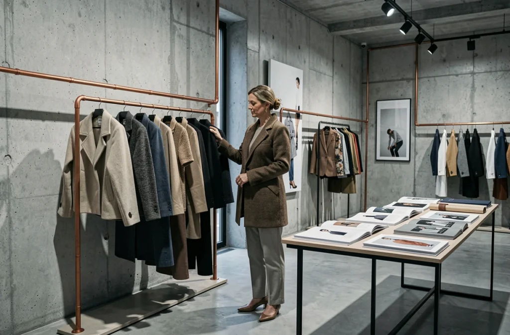 Intérieur du Momentum Concept Store à Lille avec une cliente examinant des créations de mode de créateurs indépendants