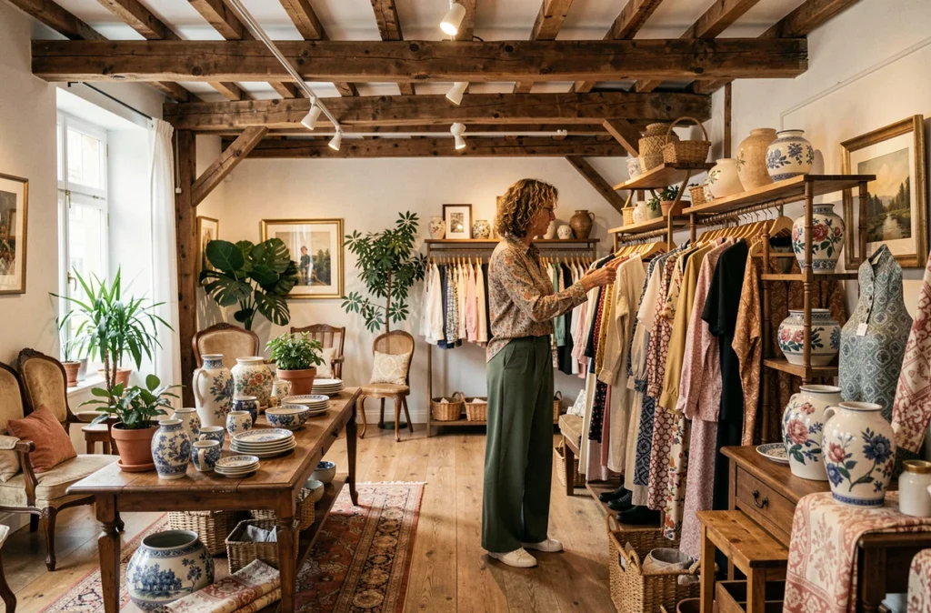 Intérieur de la boutique Mouflette à Lille mêlant décoration artisanale et mode féminine avec une cliente explorant les produits