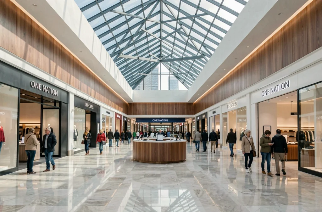 Intérieur moderne du centre commercial outlet One Nation Paris avec ses larges allées et son atrium vitré