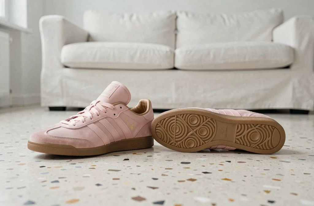 Deux sneakers Samba rose côte à côte sur un sol en terrazzo dans un intérieur minimaliste, présentation comparée de la semelle intérieure et extérieure