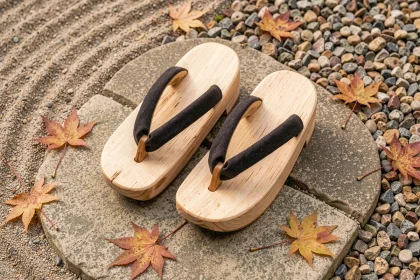 Paire de sandales japonaises geta en bois de paulownia posée sur un chemin de jardin zen en gravier ratissé, entourée de feuilles d'érable en automne