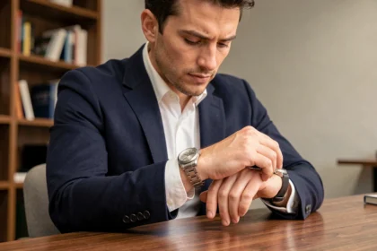 Homme en blazer navy examinant une montre de style Rolex en acier inoxydable sur son poignet, dans un bureau moderne et minimaliste